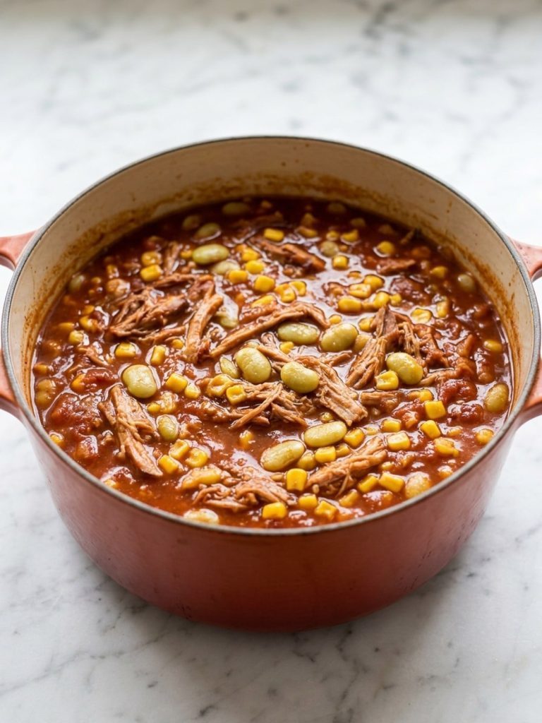 Brunswick stew simmering in a Dutch oven with pulled pork, lima beans and corn