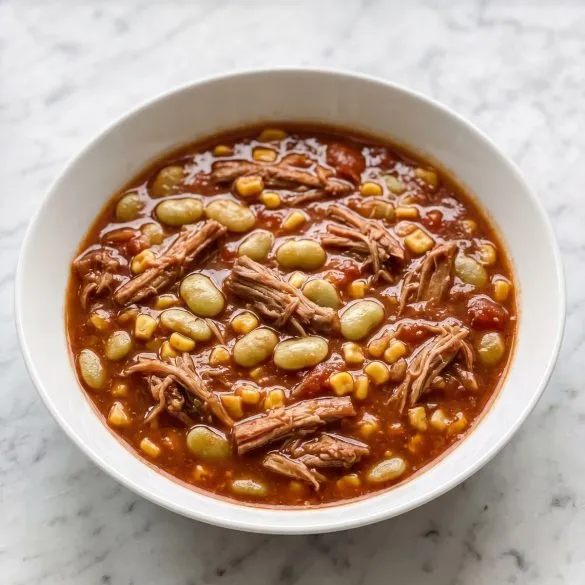 A bowl of Brunswick stew with pulled pork, lima beans and corn in a tomato barbecue broth