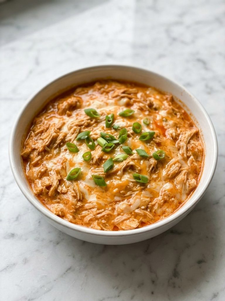 A bowl of creamy buffalo chicken dip with melted cheese and green onion