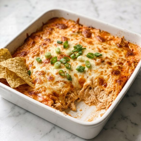 Baked buffalo chicken dip with a golden cheese top and green onion in a square baking dish with tortilla chips