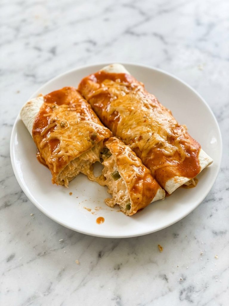 Two buffalo chicken enchiladas on a white plate, one cut open to show the creamy chicken filling