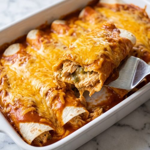 A baking dish of buffalo chicken enchiladas with orange sauce and melted cheddar, one lifted out