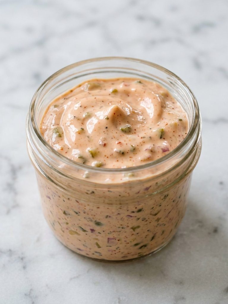 A spoonful of creamy burger sauce with tiny pieces of diced pickle