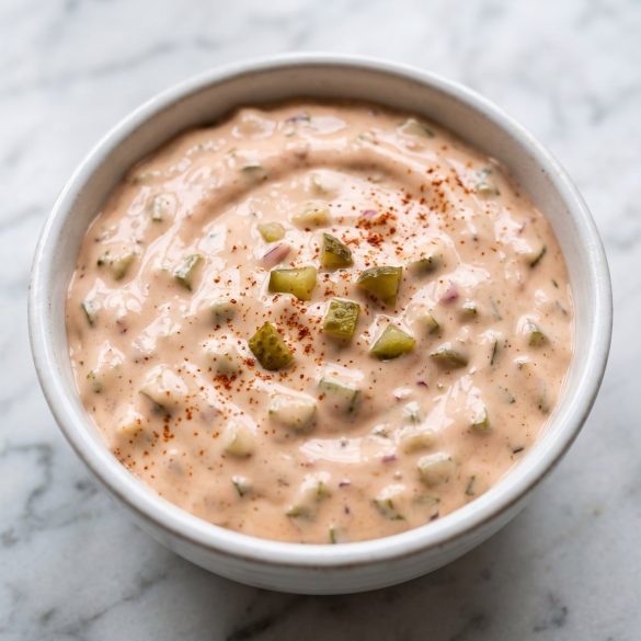 A small bowl of creamy pink-orange burger sauce with flecks of diced pickle