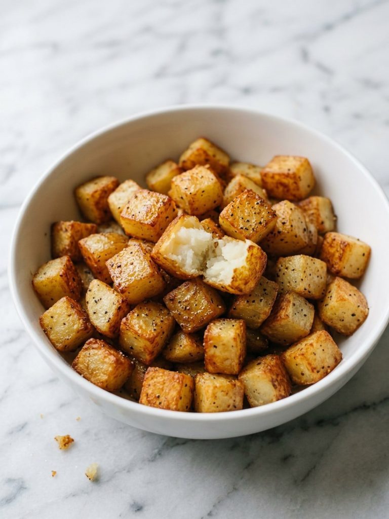 A white bowl of golden, crispy fried potato cubes