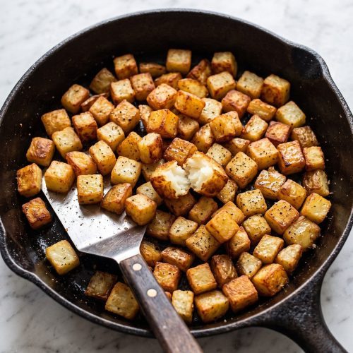A cast-iron skillet of golden brown, crispy pan fried potato cubes