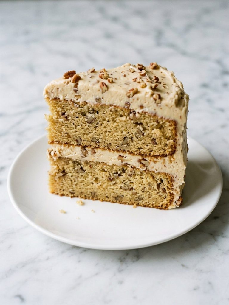 A slice of two-layer butter pecan cake with pecan-studded brown sugar cream cheese frosting