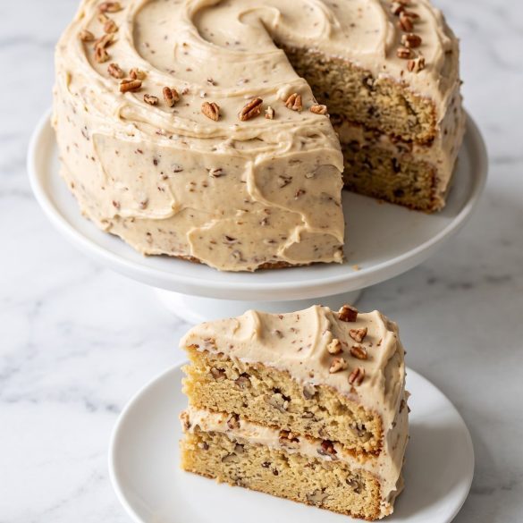 A two-layer butter pecan cake with brown sugar cream cheese frosting and pecan pieces, one slice cut out
