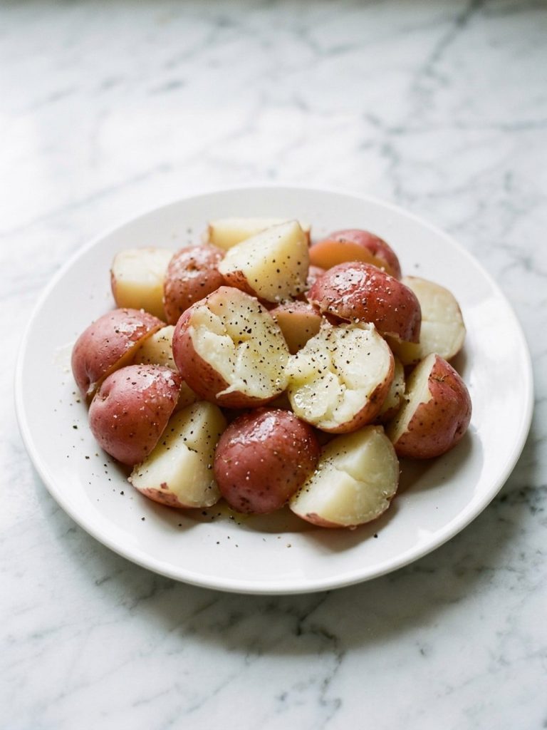 A plate of buttered red potato chunks glistening with melted butter and black pepper