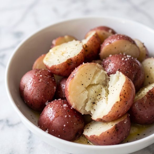 Glossy buttered red potatoes in a serving bowl, one chunk split open