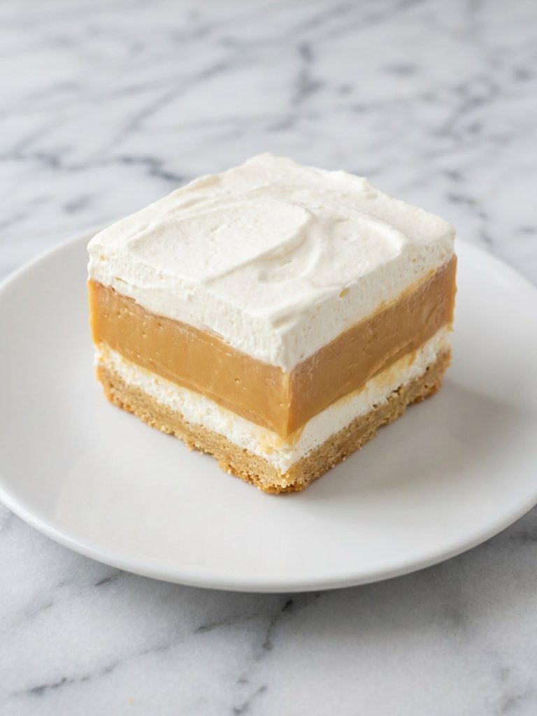 Close view of a butterscotch lush square showing crust, cream cheese, pudding and whipped topping layers