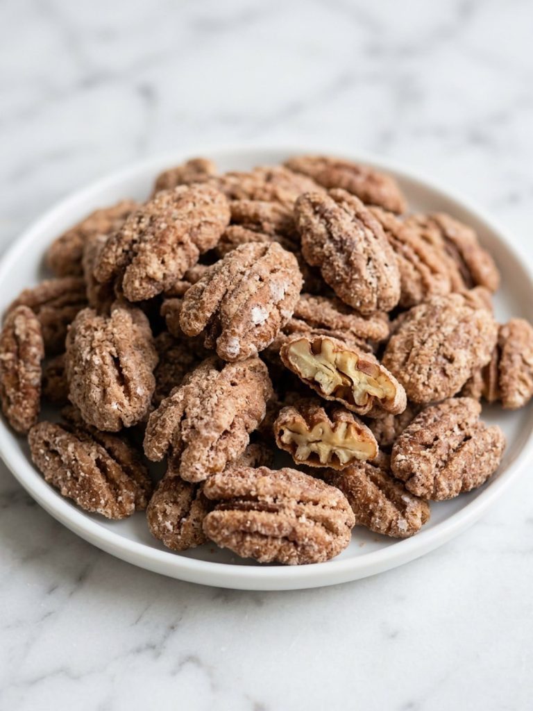 Close view of candied pecans with a dry, crackly cinnamon-sugar crust