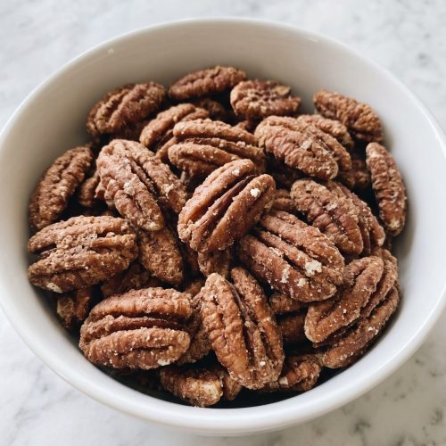 A white bowl full of cinnamon-sugar coated candied pecan halves