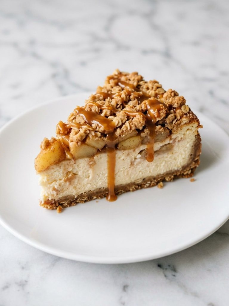 A slice of cheesecake with baked apples, oat crumble and caramel sauce on a white plate