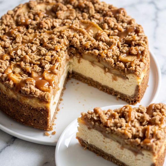 A round apple crisp cheesecake with an oat crumble top and caramel drizzle, one slice cut out