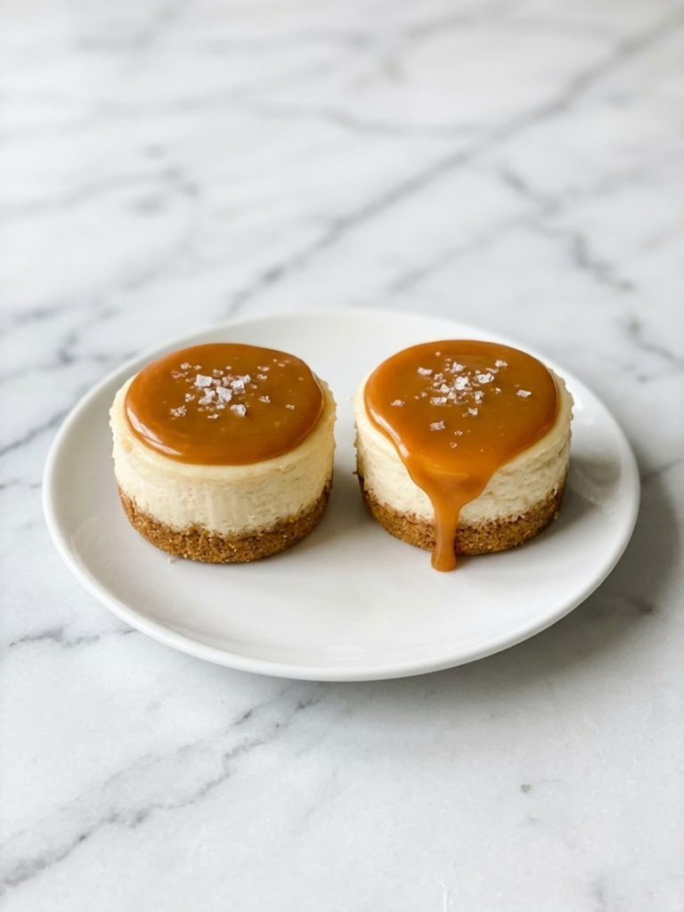 Two caramel cheesecake bites on a white plate with glossy caramel on top and a graham cracker crust