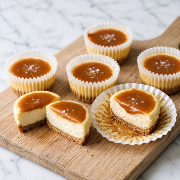 Mini caramel cheesecake bites on a pale oak board, one cut in half to show the graham crust and creamy filling under glossy caramel