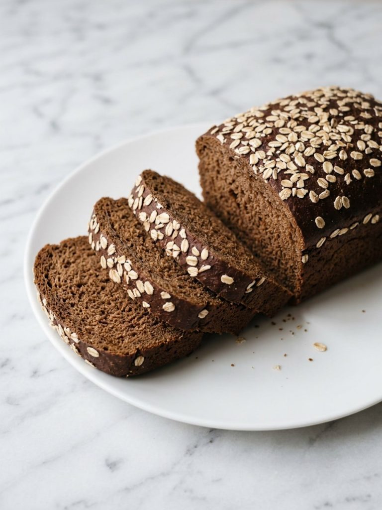 Close view of sliced dark brown oat-topped bread with a soft crumb