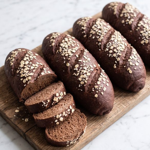 Small dark brown oat-topped bread loaves on a board, one sliced to show a soft crumb