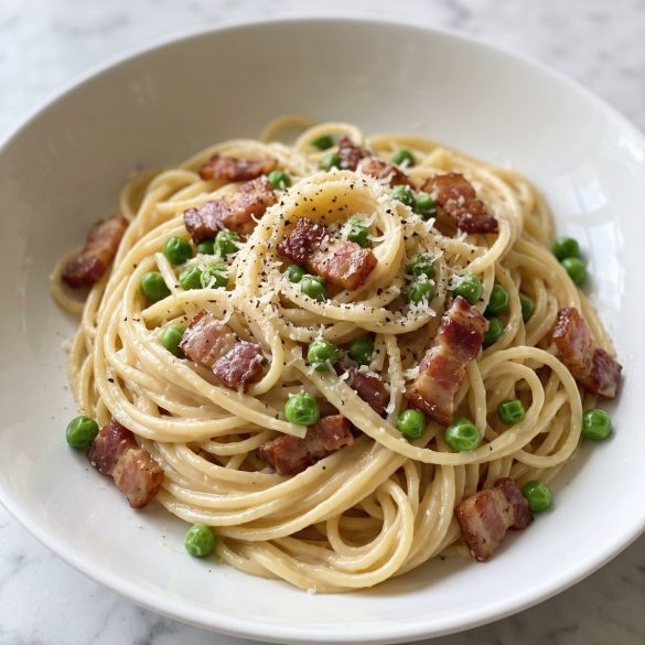 A bowl of creamy spaghetti carbonara with crisp bacon pieces and green peas