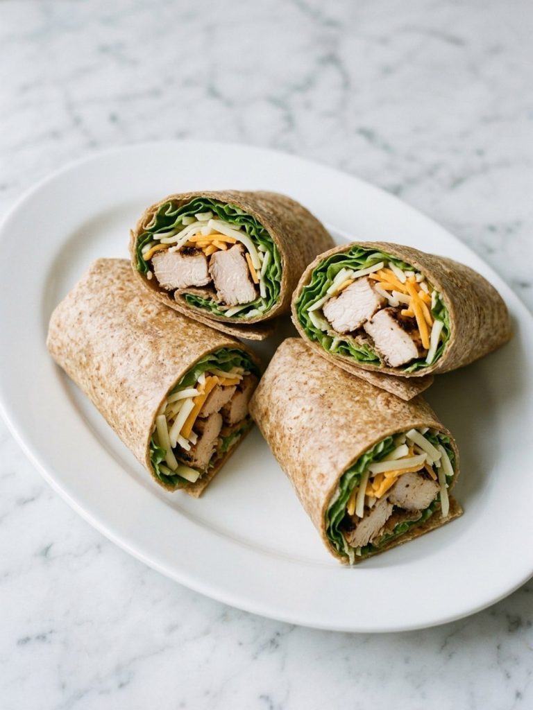 Two rolled grilled chicken wraps cut in half on a white platter