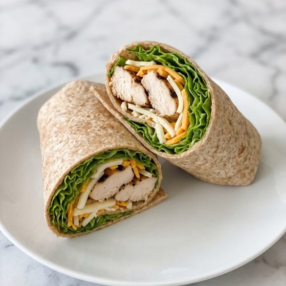 A grilled chicken wrap cut in half showing sliced chicken, green leaf lettuce and shredded cheese