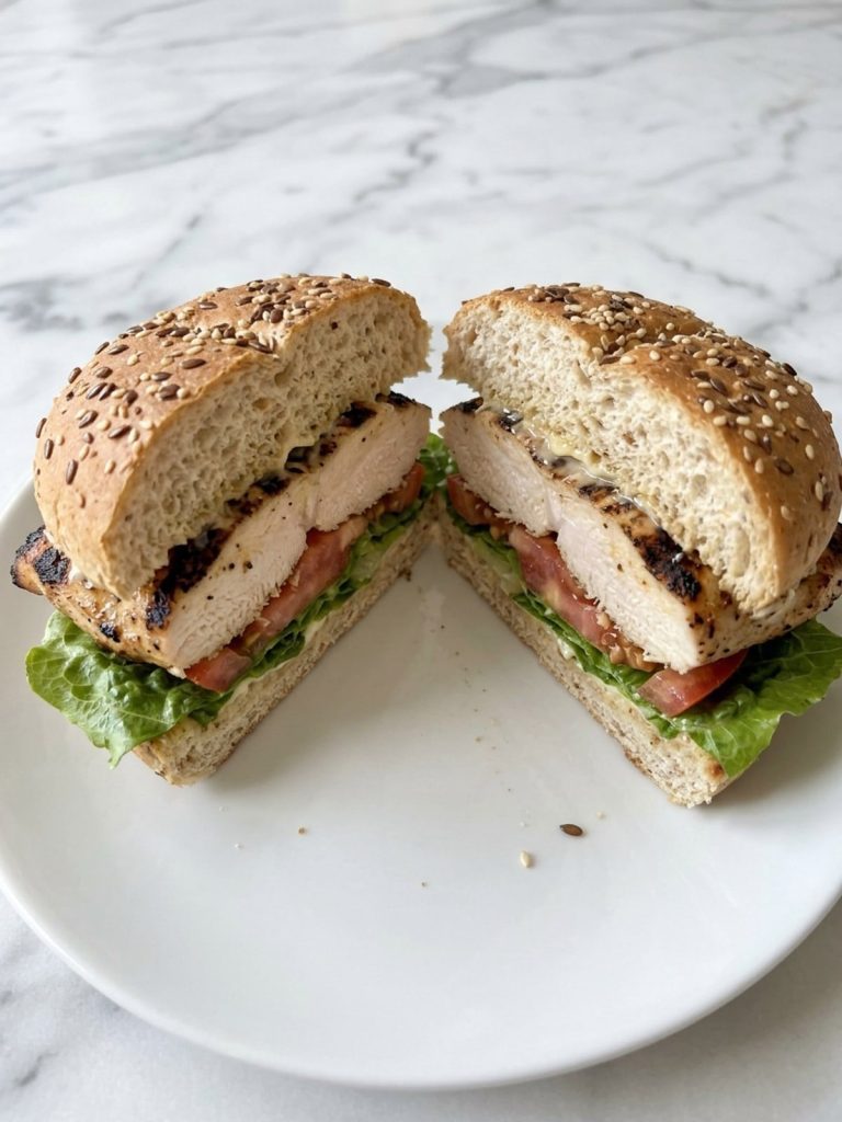 A grilled chicken sandwich on a multigrain bun cut in half to show the juicy chicken, lettuce and tomato