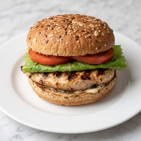 A grilled chicken sandwich with lettuce and tomato on a multigrain bun