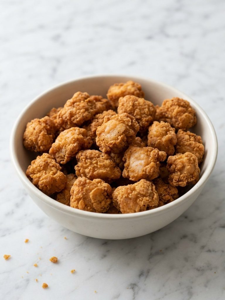 Golden fried chicken nuggets in a single layer on a wire cooling rack