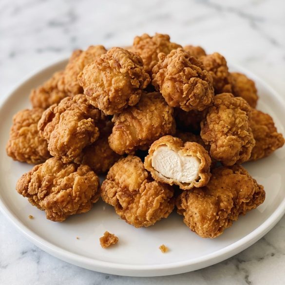 A pile of small golden fried chicken nuggets on a white plate, one broken open