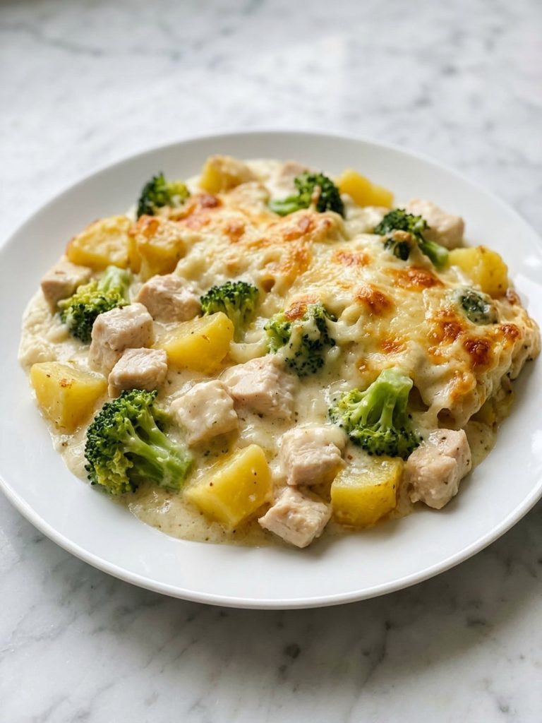 A plate of creamy chicken, broccoli and potato casserole with melted cheese