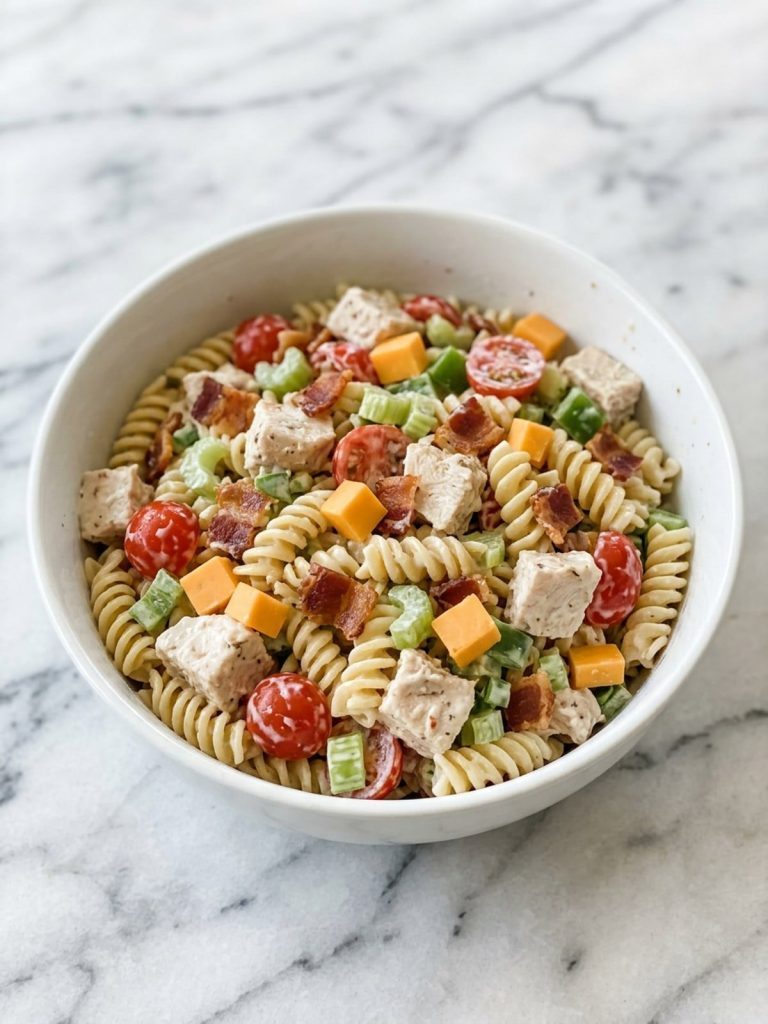 A bowl of rotini pasta salad with chicken, bacon, cheddar cubes and cherry tomatoes in ranch dressing
