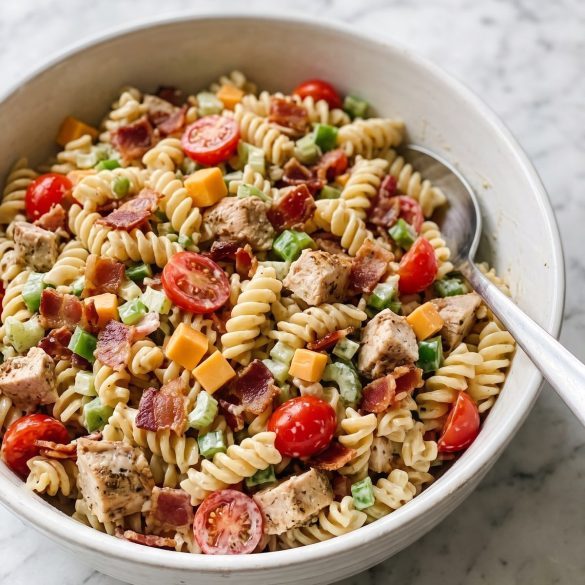 A large bowl of chicken club pasta salad with bacon, cheddar cubes, tomatoes and ranch