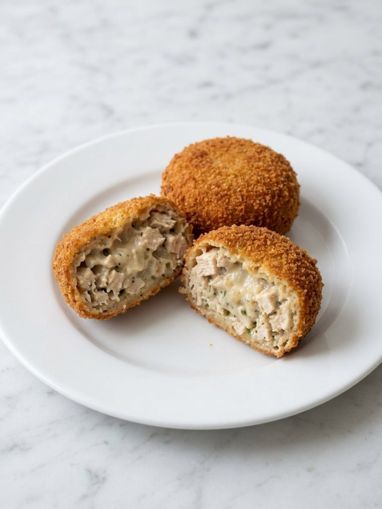A chicken croquette broken open showing the creamy chicken filling and crisp crumb crust