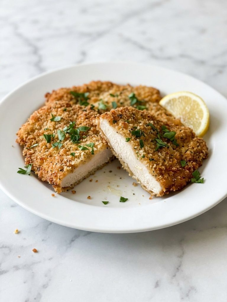 Two crispy chicken cutlets on a white plate with a lemon wedge and parsley