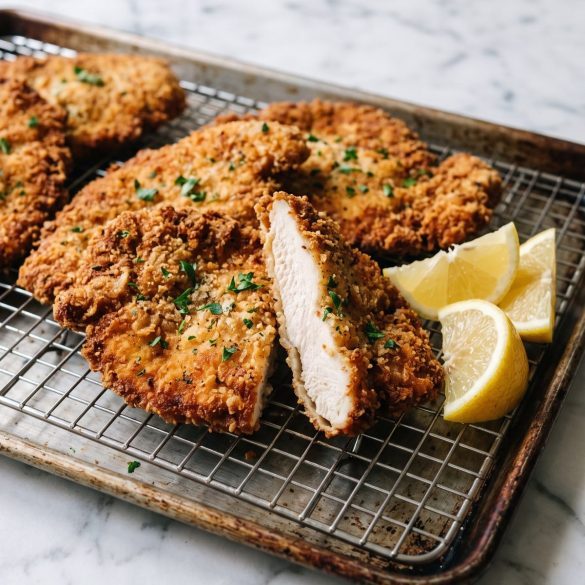 Crispy golden breaded chicken cutlets on a wire rack, one sliced to show the juicy inside, with lemon wedges