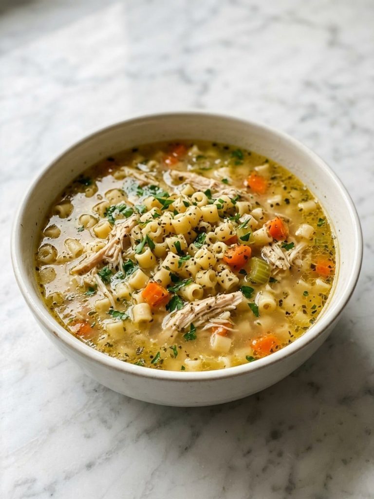 Close view of ditalini pasta, shredded chicken and carrots in chicken broth