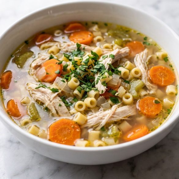 A bowl of chicken ditalini soup with shredded chicken, short tube pasta, carrots, celery and parsley in golden broth