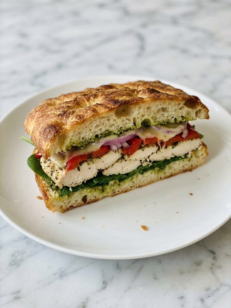 Close view of the layers inside a grilled chicken focaccia sandwich