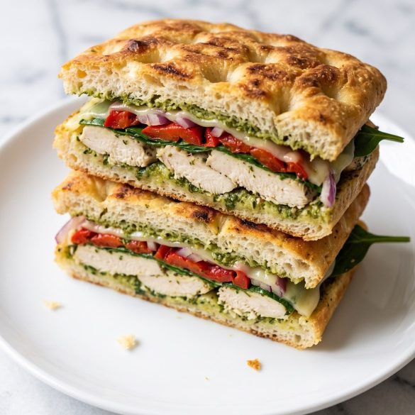 A grilled chicken focaccia sandwich cut in half with pesto, spinach, roasted red pepper and melted provolone