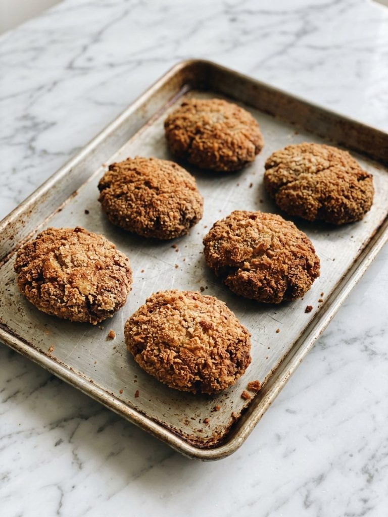 Crispy golden breaded hamburger patties in a single layer on a baking sheet