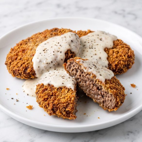 Two crispy breaded hamburger patties covered with white pepper gravy on a white plate