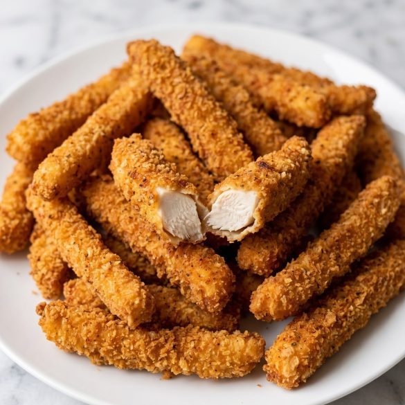 A pile of long, thin, golden breaded chicken fries on a white plate