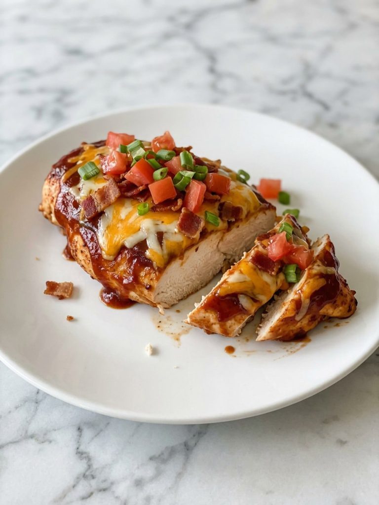 A sliced chicken breast with barbecue sauce, melted cheese, bacon, tomato and green onion on a white plate