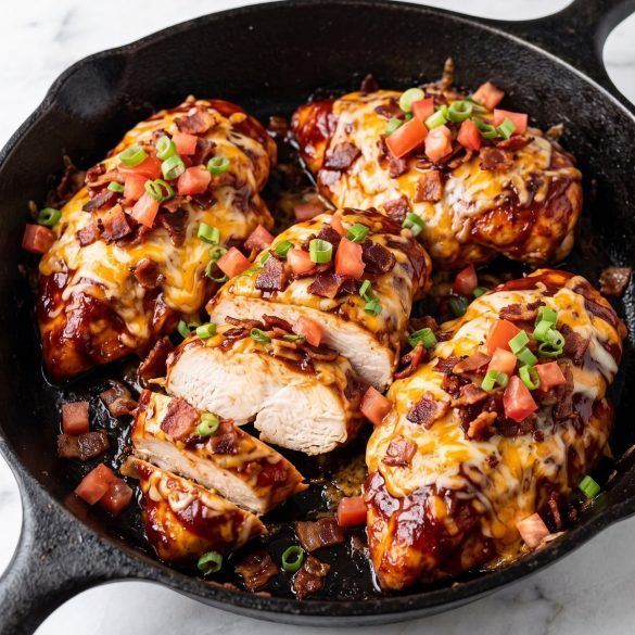Chicken breasts in a skillet with barbecue sauce, melted cheese, bacon, tomatoes and green onions