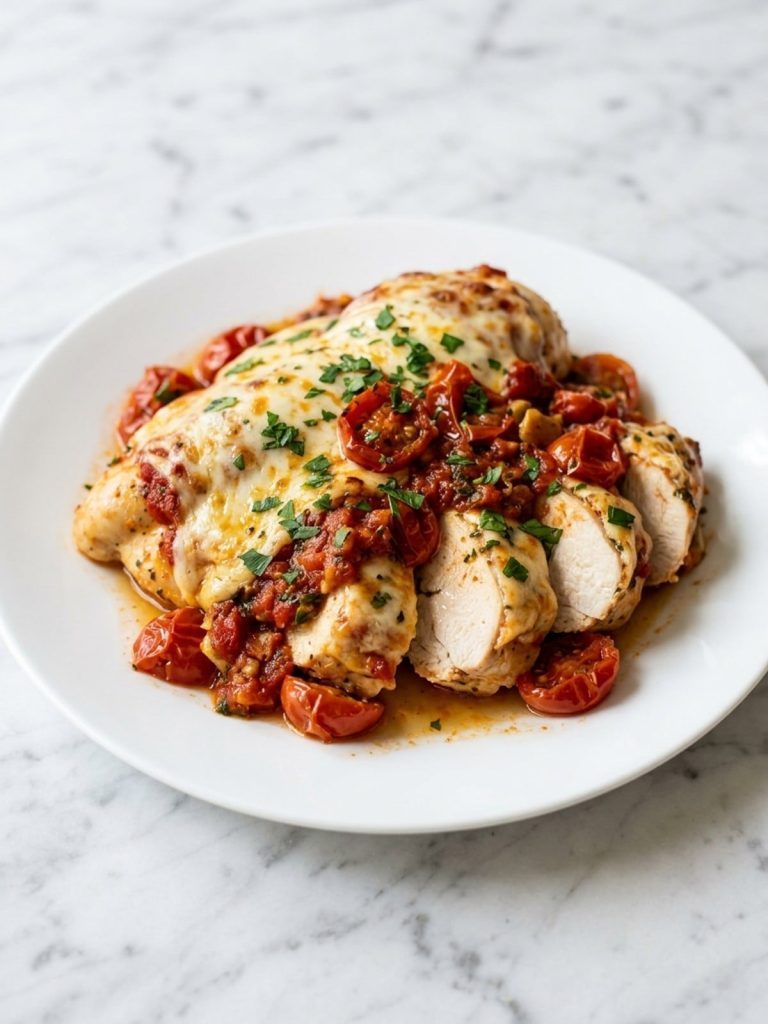 A sliced mozzarella-topped chicken breast with marinara and cherry tomatoes on a white plate