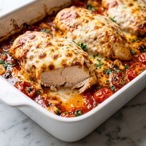 Chicken breasts under bubbly melted mozzarella in marinara with cherry tomatoes in a baking dish, one cut open