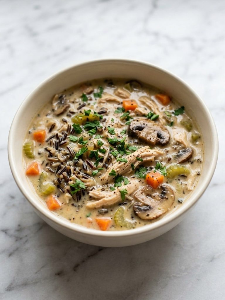 A Dutch oven of creamy chicken mushroom wild rice soup