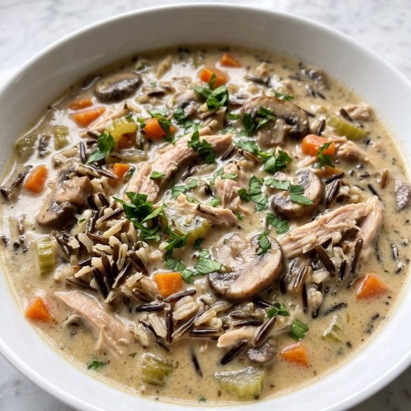 A bowl of creamy chicken, mushroom and wild rice soup with carrots and parsley