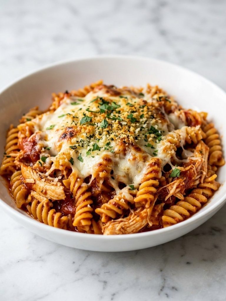A serving of chicken parmesan casserole with rotini, shredded chicken, marinara and a crisp cheesy top